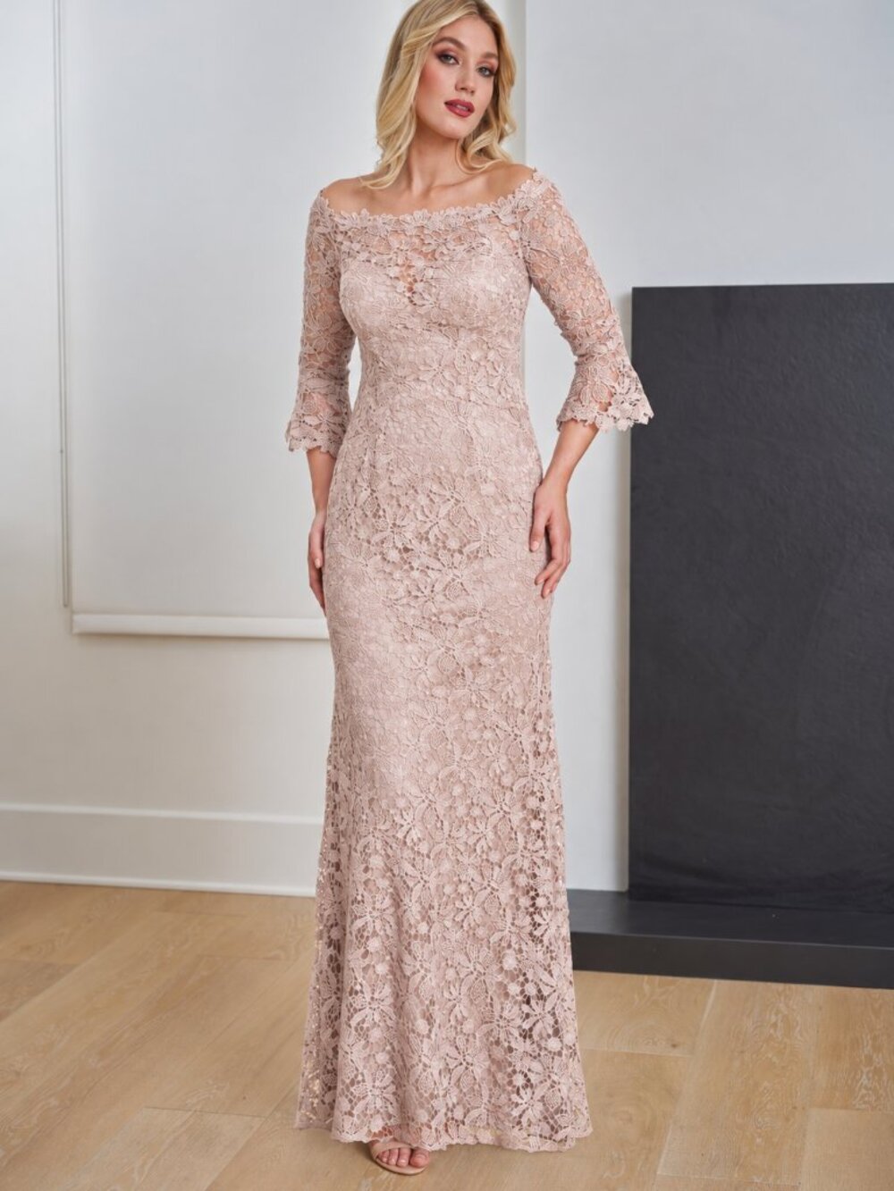 Jade Couture Long Beige Lace Off Shoulder Mother of Bride Dress Long Bell Sleeve